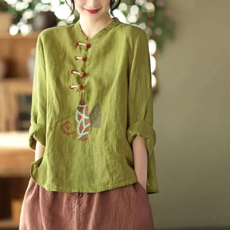 Ethnic Style Large Size Cotton and Linen Shirt for Women Spring & Fall Long-Sleeved Button Top Literary Embroider Loose Top Tea Suit for Women