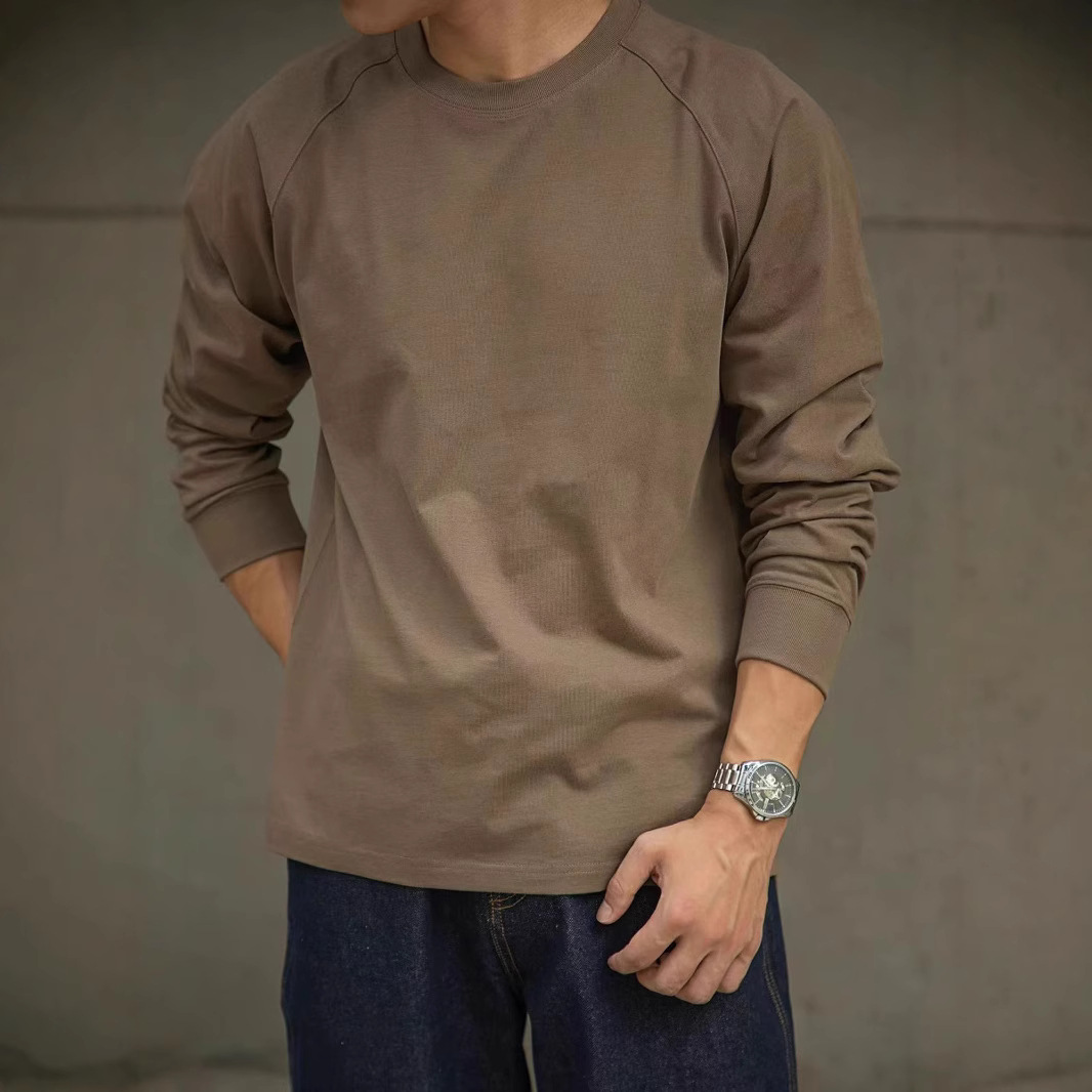 Tough Guy Kaji Camiseta de manga larga de algodón pesado para hombre con cuello redondo grueso 350G con camisa interior cálida e versátil