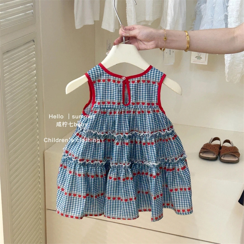Xianning siete ropa para niños verano nuevo estilo niña dulce azul a cuadros vestido sin mangas falda chaleco de cereza de bebé femenino