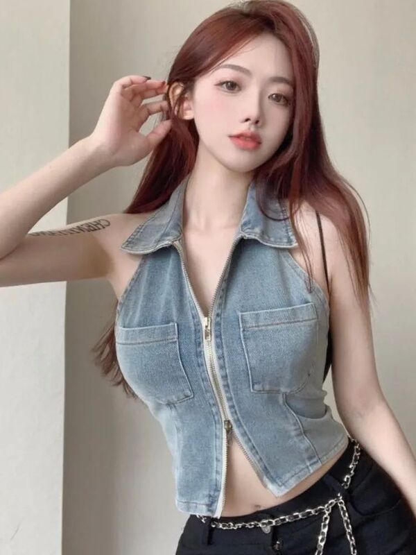 American-Style Spicy Girl Denim Vest for Women, New Summer Slim-Fit Sleeveless Halter Neck Short Tank Top Trendy