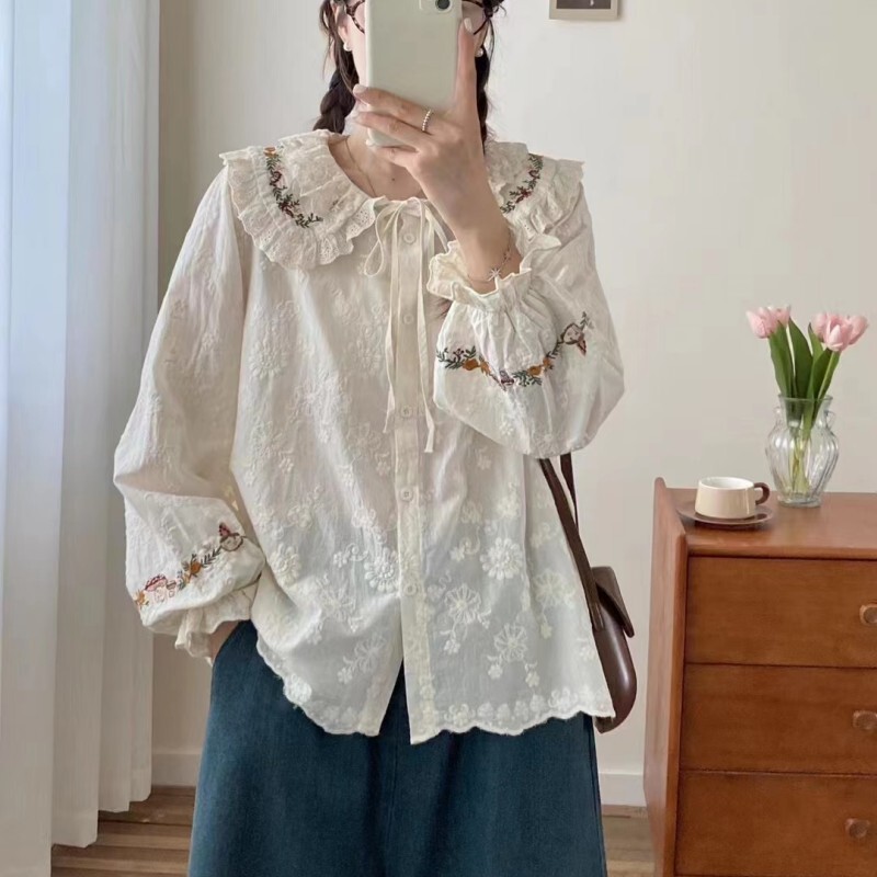 Japanese Style Mori Style Embroidered Lace-up Doll Collar Cotton Shirt Women's Autumn New Loose All-match Age-reducing Fresh Style Top Japanese Style Mori Style Embroidered Lace-up Doll Collar Cotton Shirt Women's Autumn New Loose All-match Age-reducing Fresh Style Top