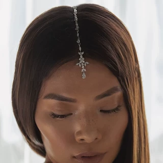 外贸热销锆石水滴额头链高级感闪钻一字夹欧美新娘发饰hair chain