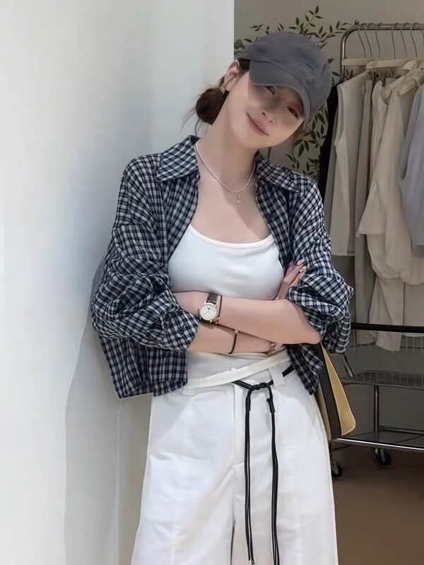 韩系休闲时尚短款衬衫背心两件套女2025夏季新款格子长袖薄款套装|undefined