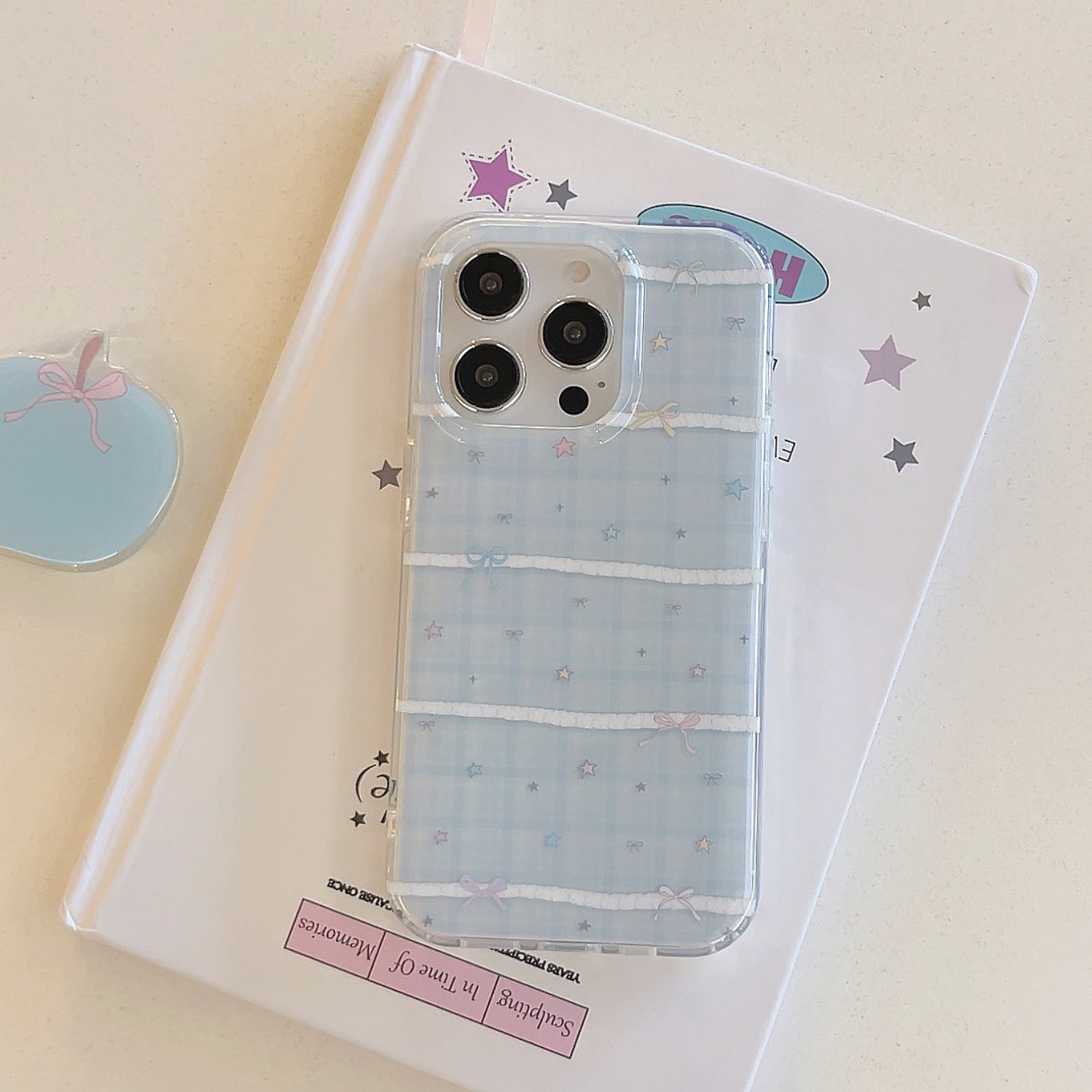 Pequeña serie coreana de estrellas de colores con costuras de cuadros azules para Apple 15ProMax funda para teléfono móvil 16Pro nuevo 14/13