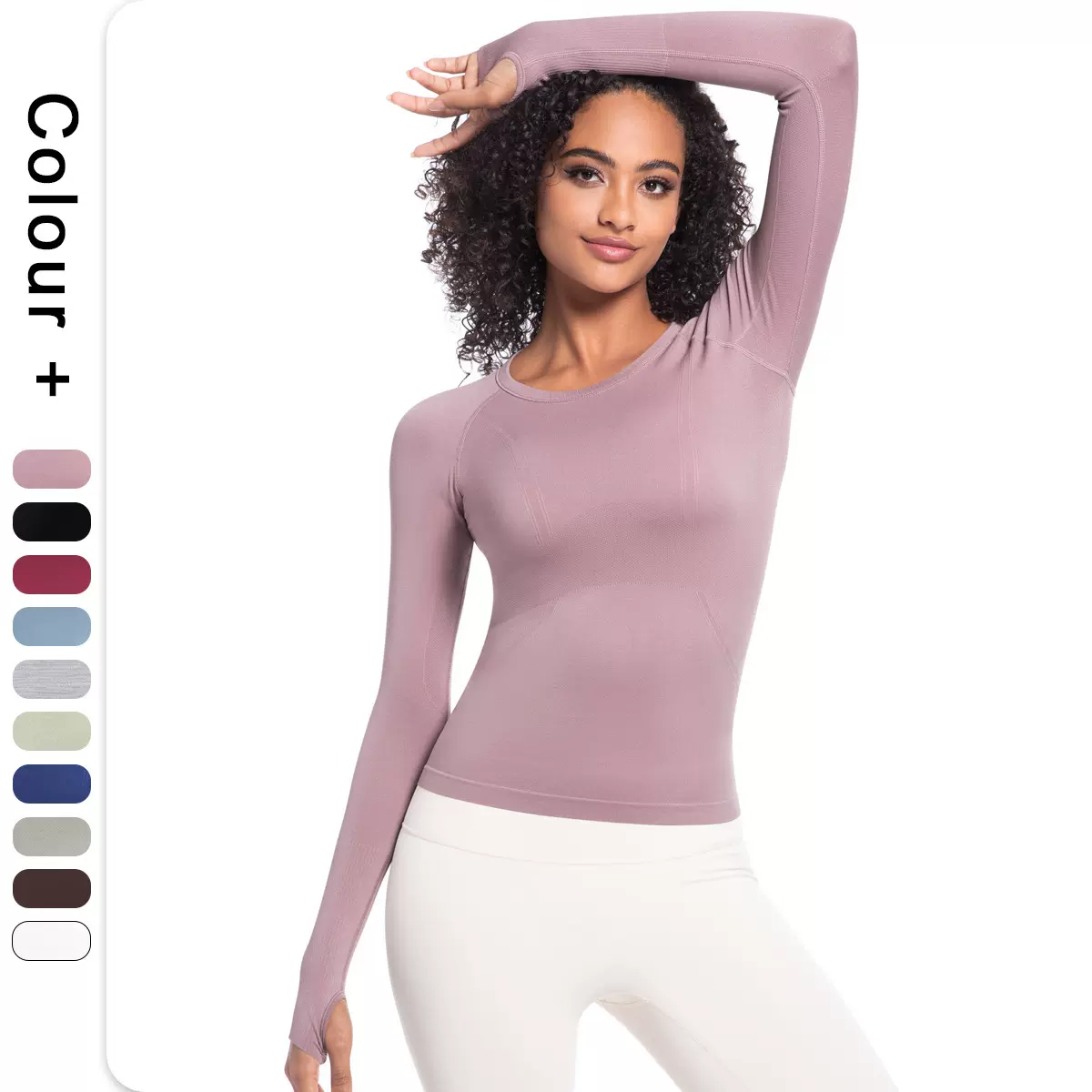 新款无缝裸感健身服女立体修身瑜伽服长袖透气圆领跑步运动上衣