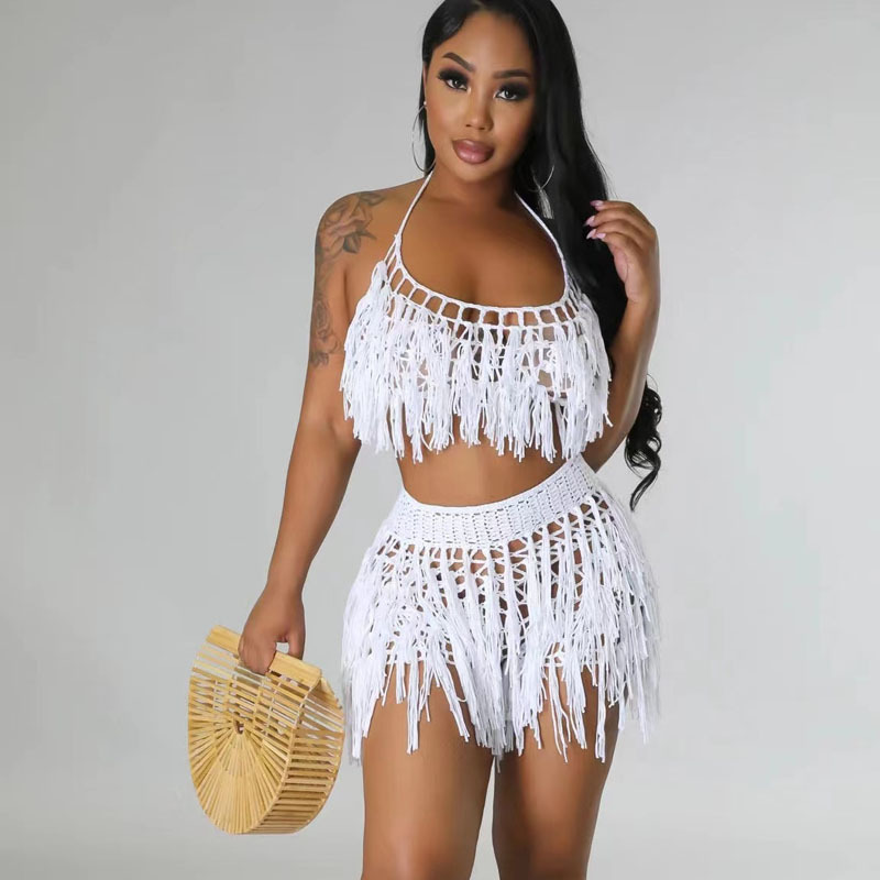 Amazon European and American 2024 New Urban Supply Sexy Perspective Knitted Hand Hook Tassel Beach Shorts suit Women