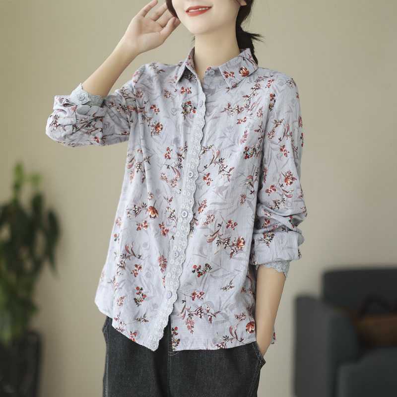 Real Shot Spot Spring Floral Linen Shirt Lace Splicing Long-Sleeved Lapel Casual Retro Cotton and Linen Printed Shirt for Women