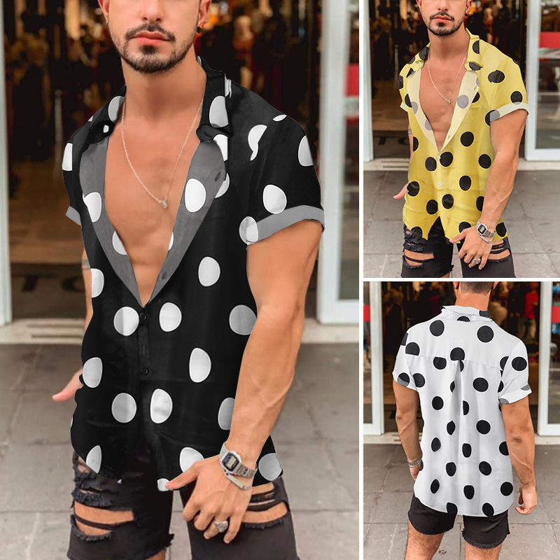 Cross-border Amazon Men's sexy Hawaiian beach polka dot slim-fit printed short-sleeved shirt Southeast Asia flower shirt