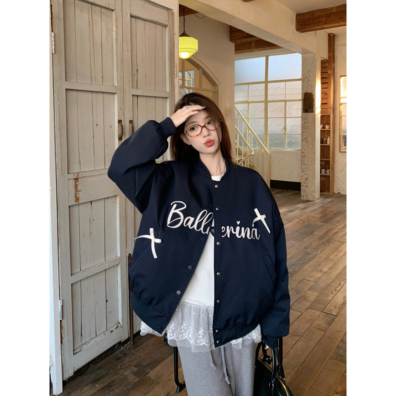Hardcore Windproof Bow Baseball Suit Spring 2025 American Retro Letter Jacket Women's Lace Stitching Long Sleeve T