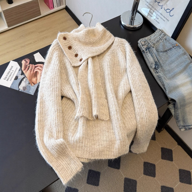 Atmospheric and Lazy Style Mohair Knitted Cashmere Sweater for Women 2026 Autumn and Winter New Large Size Plus-Size with Scarf