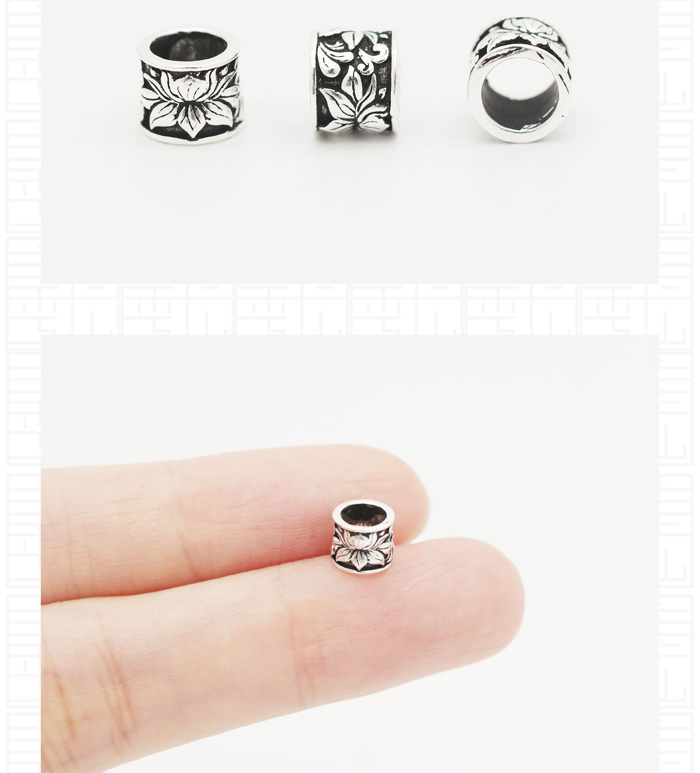 S925 Sterling Silver Spacer Beads, Vintage-Style Water Lily Lotus Small Barrel Beads, Long Barrel Beads with Pattern, DIY Bracelet Beading Silver Accessories