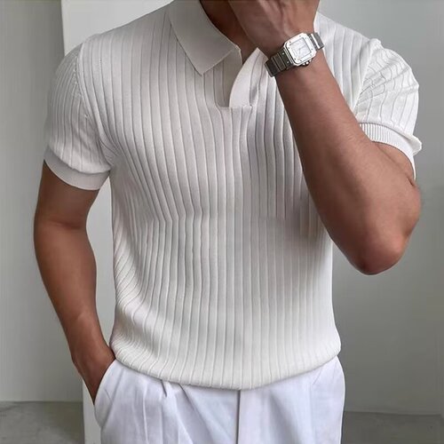 European goods v-neck crossed ice oxygen cotton polo shirt men's tight elastic short-sleeved sweater lapel T-shirt ice silk sweater