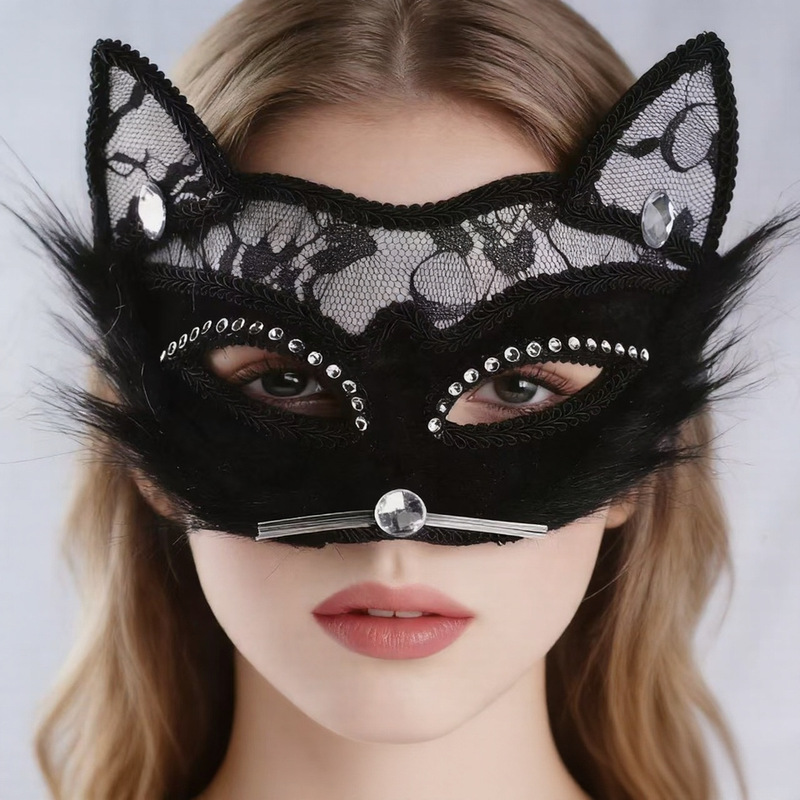 Pengge Cross-Border Factory Wholesale Lace Cat Mask Animal Male and Female Half-Face Props Cat Halloween Mask Pengge Cross-Border Factory Wholesale Lace Cat Mask Animal Male and Female Half-Face Props Cat Halloween Mask
