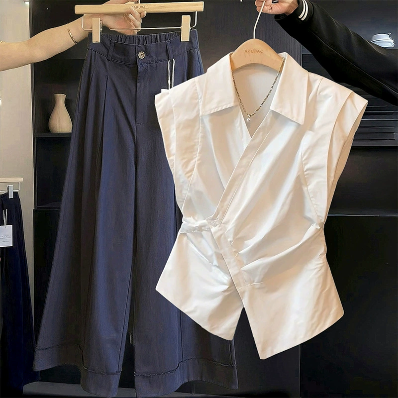 Женская безрукавка с французским воротником поло, летний дизайн 2025 года, с тонкими бретелями на талии и короткими летящими рукавами