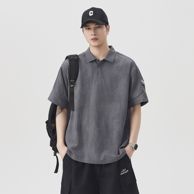 American-Style Trendy Brand Cool Polo Shirt for Men, Summer Textured Short-Sleeve T-Shirt, Solid Color Turn-Down Collar Half-Sleeve Top