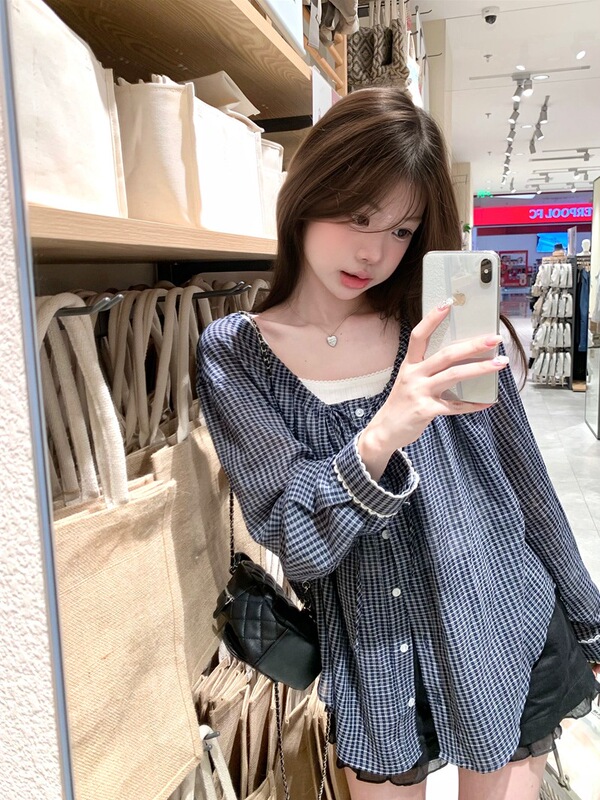 Spring and Summer Plaid Design with Drawstring Neckline and Long Sleeves, Lace Trim, Sun Protection Shirt, Women's Jacket, Blouse Spring and Summer Plaid Design with Drawstring Neckline and Long Sleeves, Lace Trim, Sun Protection Shirt, Women's Jacket, Blouse