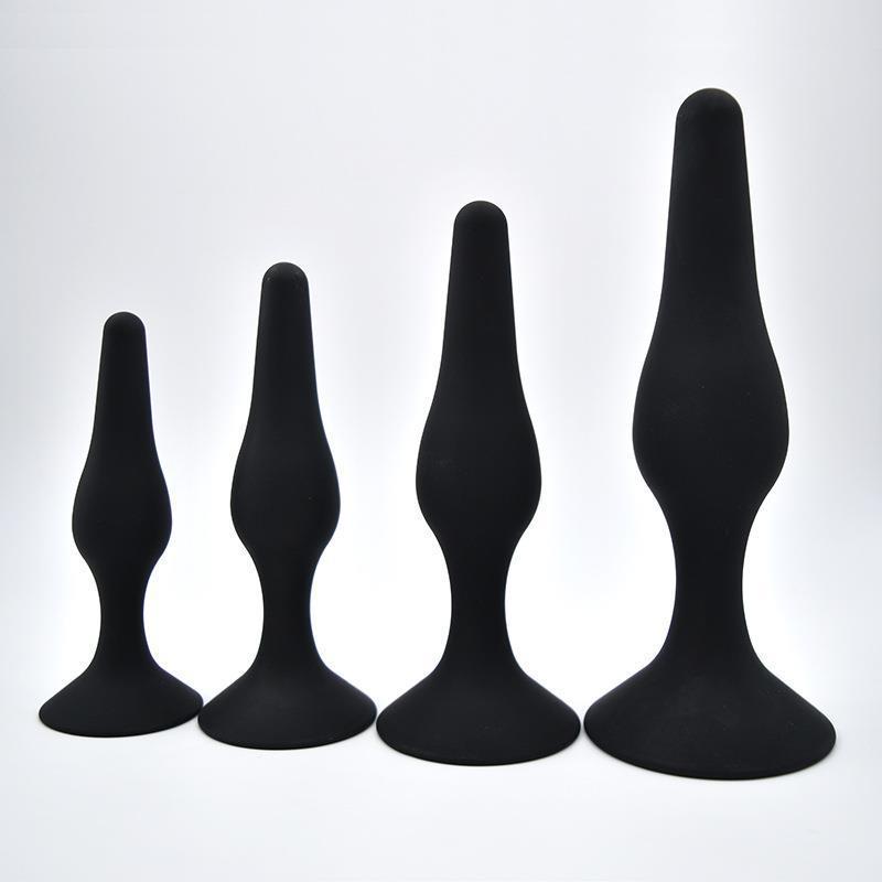 Silicone Anal Plug 4-Piece Set with Suction Cups, Black Body-Safe Training Kit — detail image 4