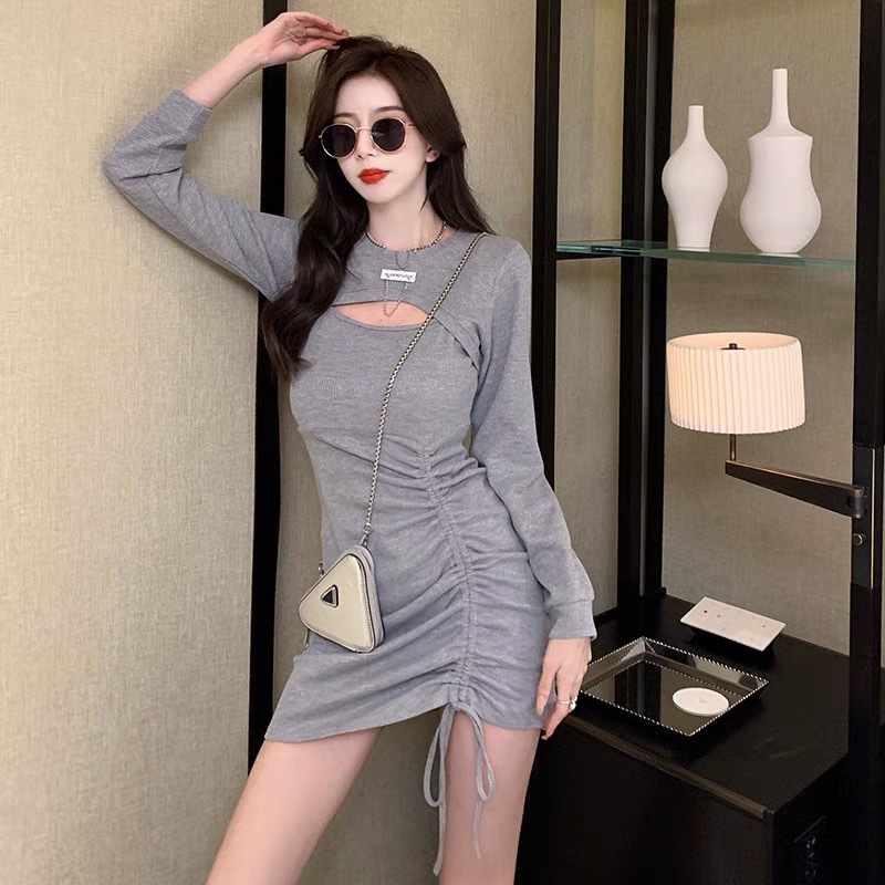 슬링 원피스 2023 봄 새로운 여성 그물 붉은 튀김 거리 관리 기계 DRAWSTRING 디자인 바늘 투피스 세트