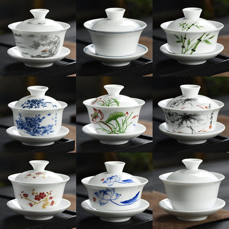 White Porcelain Sancai Bowl Kung Fu Tea Set Household Tea Bowl High-end Light Luxury Ceramic Tea Maker Dehua Factory Direct Sale White Porcelain Sancai Bowl Kung Fu Tea Set Household Tea Bowl High-end Light Luxury Ceramic Tea Maker Dehua Factory Direct Sale