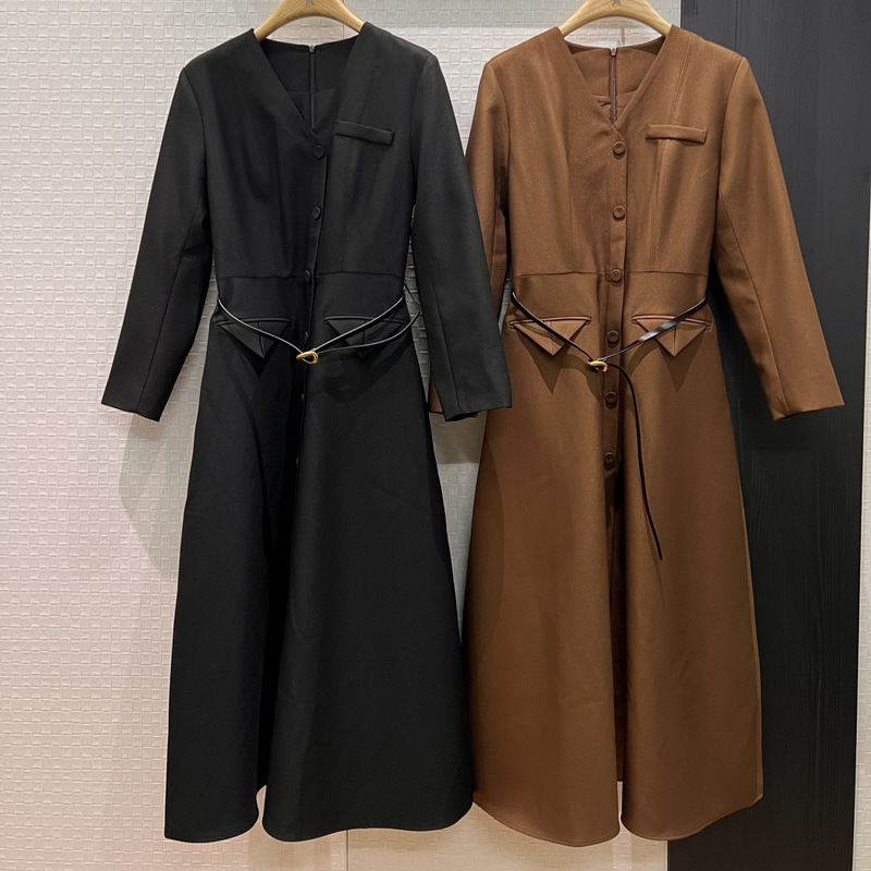 25 Autumn and Winter New French Commuter Luxury Dress V Neck Long-Sleeved Waist-Cinching Formal Occasion Women's Mid-Length Skirt Nanyou