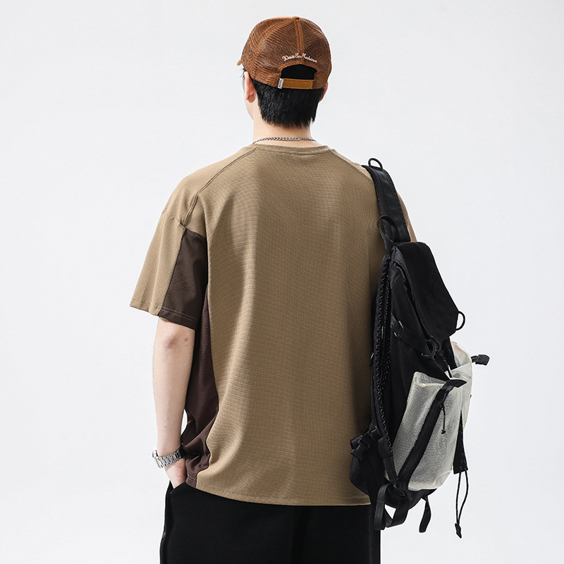 Men's Summer New Product Ice Feeling Quick Drying Short sleeved T-shirt Simple and Loose Spliced Contrast Color Top_voghion.com