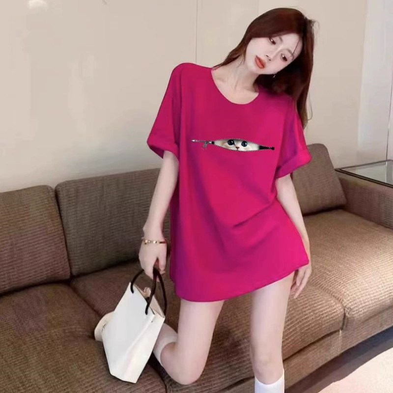 Американский ретро розовый красный молния кошачий принт футболка с короткими рукавами женская 2025 летний шикарный топ ins