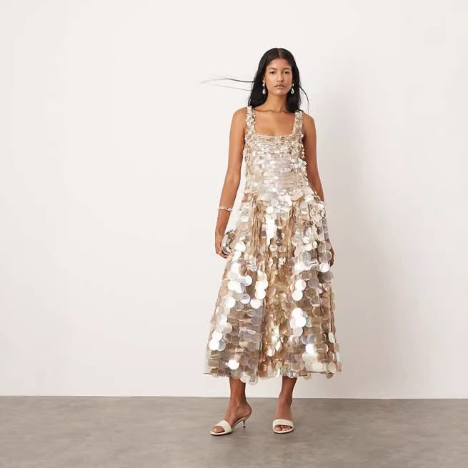 Cross-Border Summer New Style Champagne-Colored Sequin Spaghetti Strap Dress with Heavy Beading, Waist-Cinching, Large Hem, Mid-Length Dress Cross-Border Summer New Style Champagne-Colored Sequin Spaghetti Strap Dress with Heavy Beading, Waist-Cinching, Large Hem, Mid-Length Dress