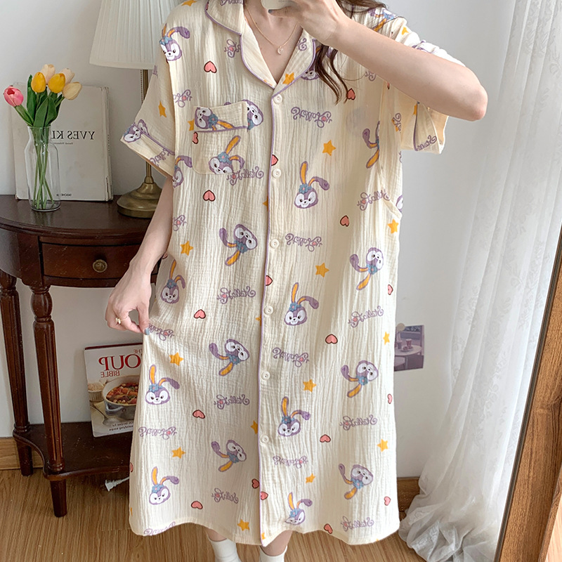 睡裙春夏季开衫短袖哺乳薄款孕妇纯棉纱布月子服怀孕期待产家居服
