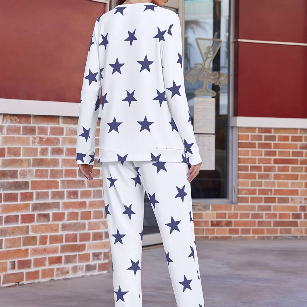 Traje de pijama de ropa de hogar estampado de otoño e invierno de mujer casual de moda europea transfronteriza estilo caliente traje de dos piezas de Amazon