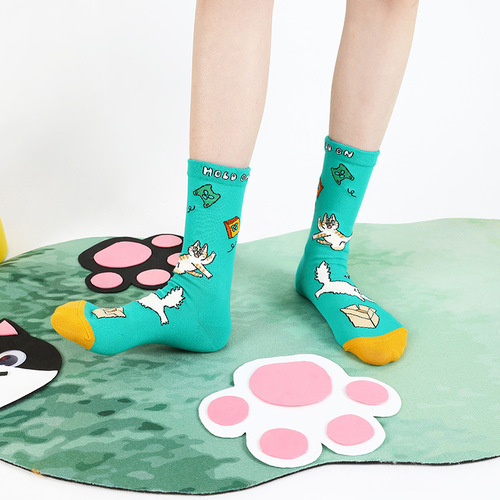 Cartoon socks for women spring and summer new original cute meow sweat-absorbent and deodorant mid-calf socks ins trendy socks wholesale