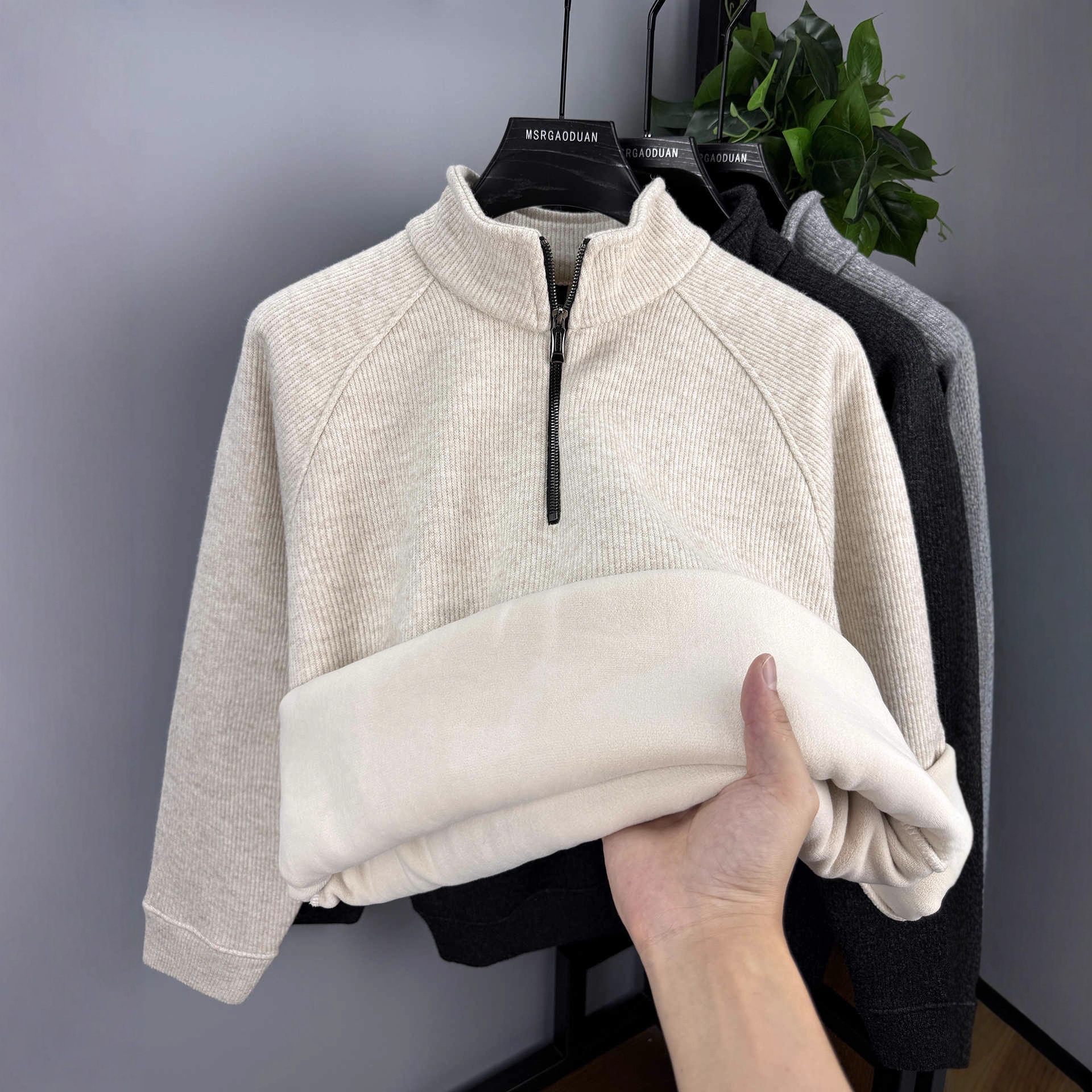 [Extra-Thick One-Piece Velvet] Winter Half Turtleneck Zipper Sweater for Men, Fleece-Lined and Thickeneded Warm Top, Trendy Bottoming Shirt