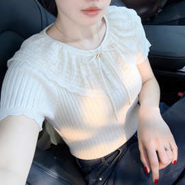温柔风白色娃娃领蝴蝶结系带短袖T恤女2026夏季巨好看氛围感上衣