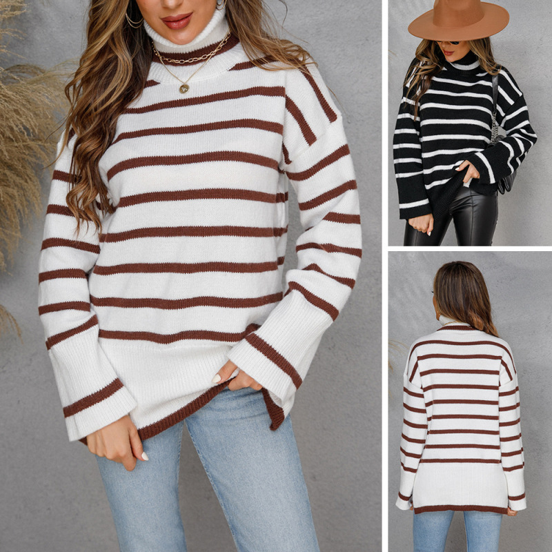 22 winter knitted pullover European and American round neck cotton elegant commuter striped plus size women's foreign trade split sweater for women