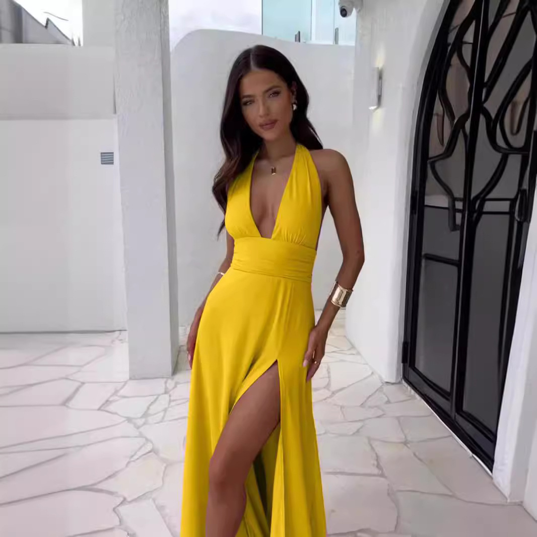 Elegant Women's Sleeveless Halter Neck V Neck Slit Long Dress European American Style Deep V Solid Color Cinching Sexy Dress_ecoleips.com