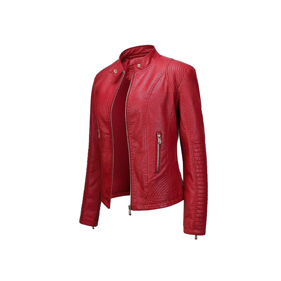 Cross-Border Supply Classic Autumn and Winter Women's Pu Leather Motorcycle Leather Jacket Slim Leather Jacket Stand Collar Leather Jacket