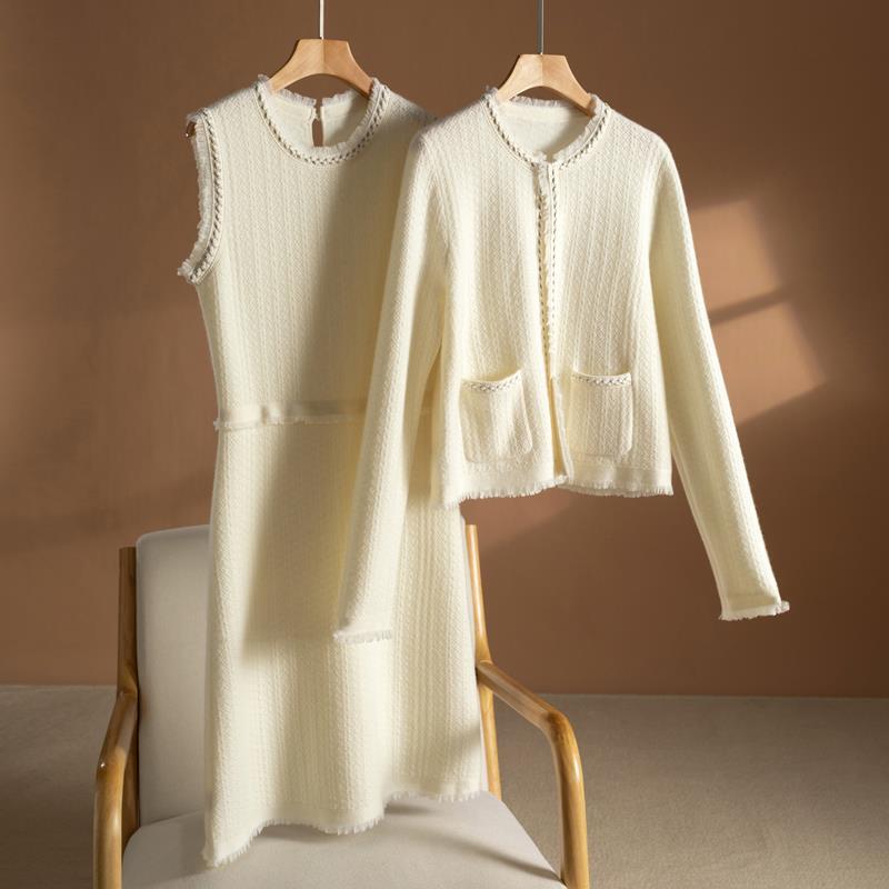 Xiaoxiang style cashmere fashion suit women's loose coat + vest dress knitted cashmere sweater two-piece set