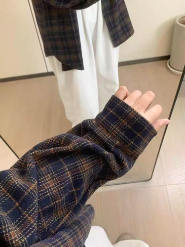 Women's Autumn/Winter New Loose Casual Vintage Long Sleeve Check Shirt Top in Navy Blue Flannel