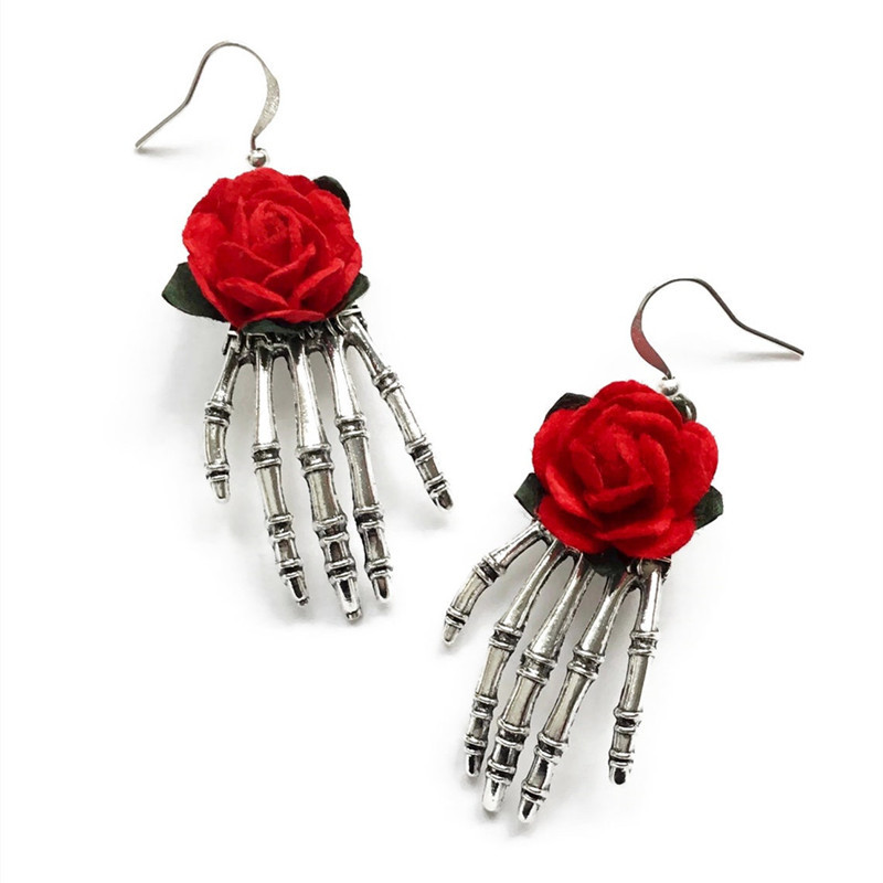 Penjualan laris anting Gotik, tangan tengkorak, mawar merah, perak antik buatan tangan pabrik penjualan langsung