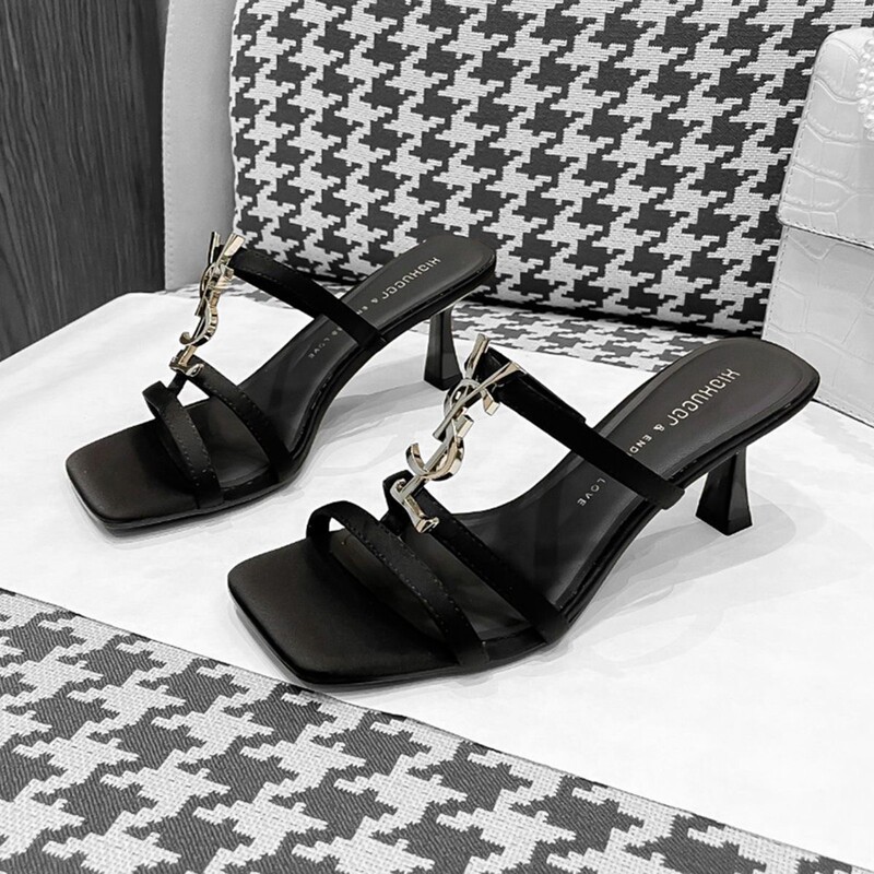 Rhinestone Square Toe Open-Toe Fashion Slippers, Stylish 2025 Summer New Versatile Stiletto Heel Slip-On High Heels