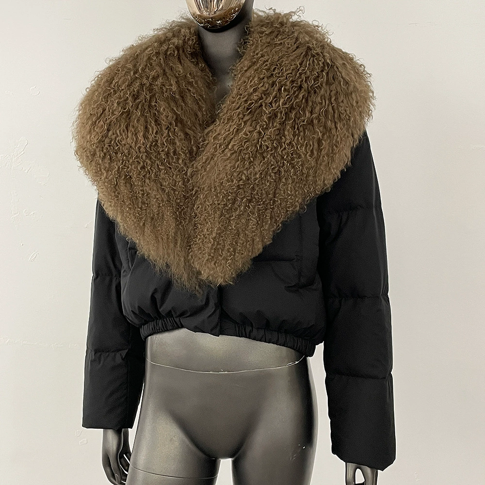 Down jacket Elite, velvet‑woolen shell, white duck down fill, detachable lamb‑wool collar