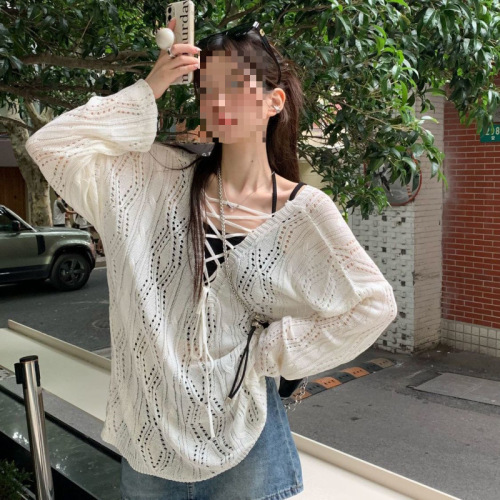 Hollow Strap Knit Sweater for Women - Spring/Summer 2025, Loose Fit White Long-Sleeve Design-Oriented Unique Top