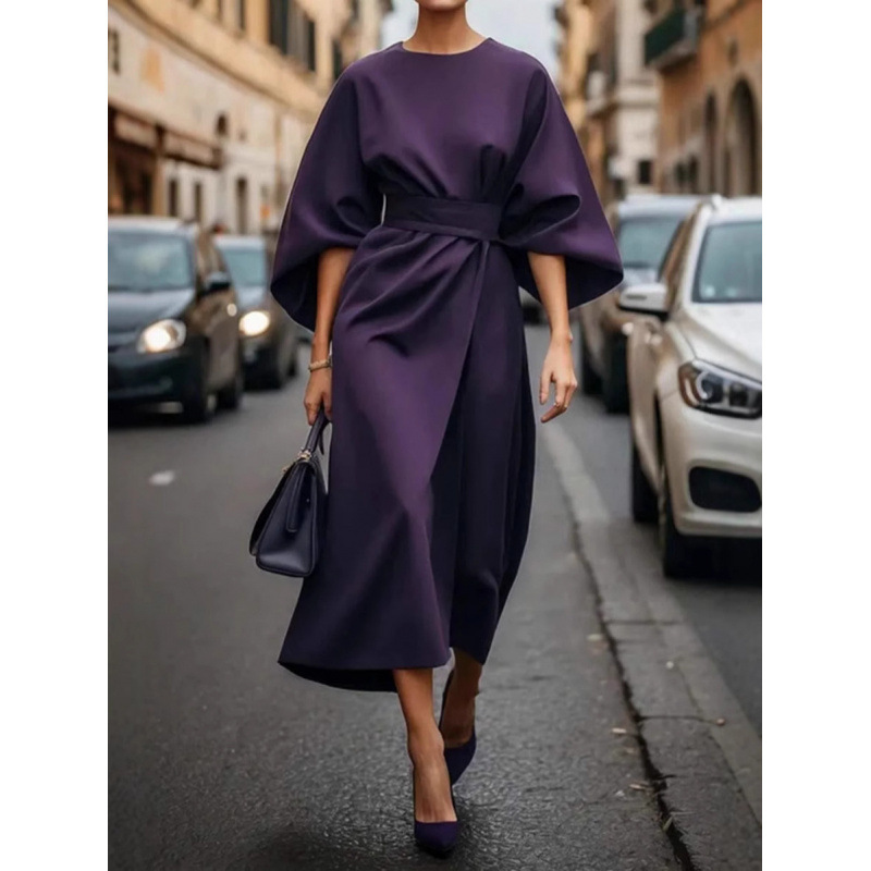 2025 New Cross-Border European and American Fashion Elegant Pure Color Waist Casual Bat Sleeve Long Dress