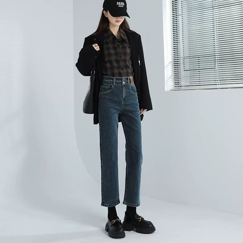 秋季新款直筒牛仔裤女黑色大码高腰显高显瘦小个子九分烟管裤