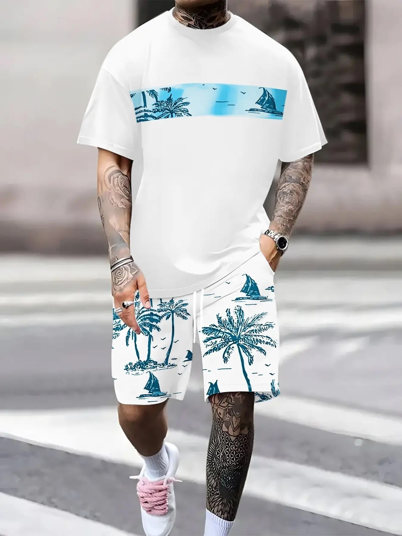 Summer 3D Sailboat Print Men's Suit Casual Loose Fit Versatile Comfortable Everyday Wear_viptrois.com