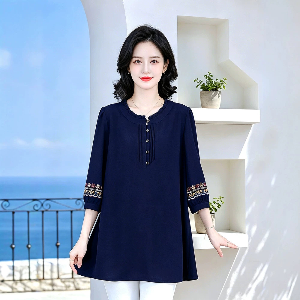Spring/Summer Elegant Retro Embroidered Plus Size Mother's/Middle-Aged and Elderly Women's Clothing Loose Casual Base Chiffon Shirt Top
