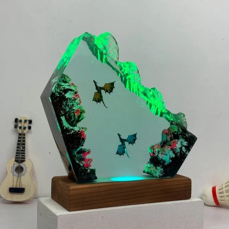 Amor transfronterizo resina epoxi artesanía de madera dragón de fuego y dragón de hielo lámpara de resina para regalos de vacaciones para la familia