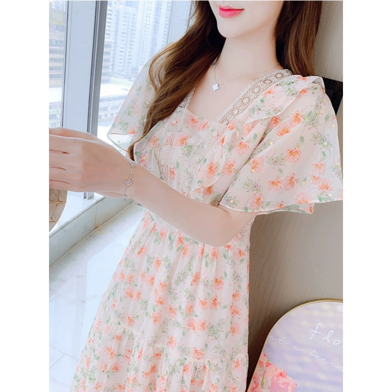 Лето 2025 новое французское шифоновое цветковое платье женское нежный ветер лотос