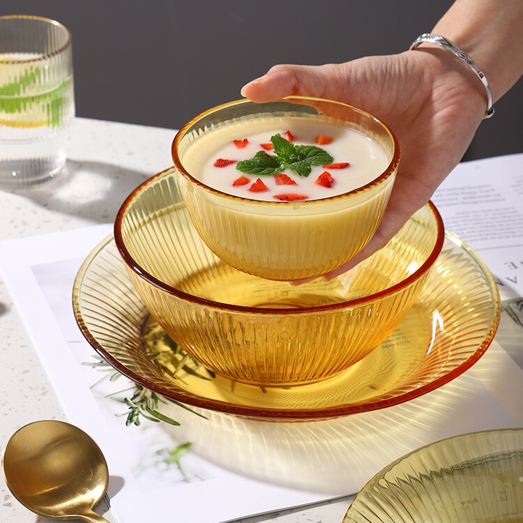 American Corning Glass Tableware Amber Bowl Fish Plate Household Tempered Glass Bowl High Temperature Resistant Instant Noodle Bowl Salad Plate