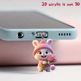 2D Little Rabbit Holding Flowers Cross-Border Popular Acrylic Mobile Phone Dust Plug Pendant Type-C