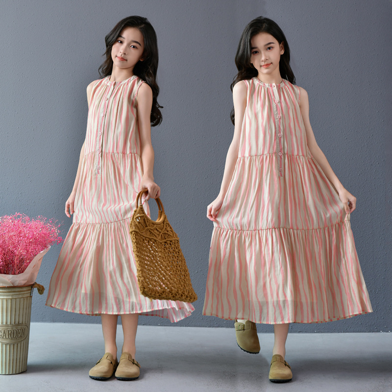 Vestido de niña, vestido de verano, falda larga por encima de la rodilla, falda de vacaciones, vestido de princesa dulce, falda grande, suelta, ropa de mujer para niños grandes, verano